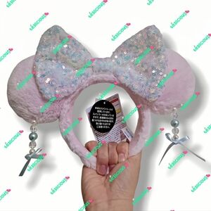 TOKYO DISNEY PINK PLUSH PEARL IRIDESCENT BOW MINNIE HEADBAND EARS